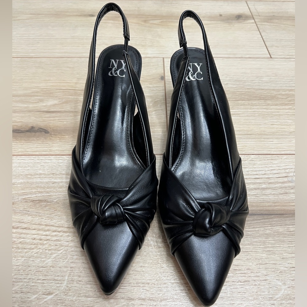 New York & Company Black Pointed Knot Slingback Heels